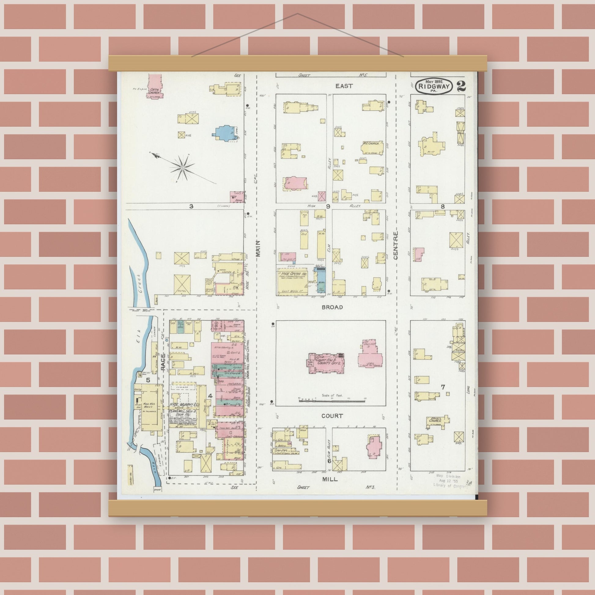 Old map wall art mockup — magnetic wood frame on brick wall — Sanborn Fire Insurance Map from Ridgway, Elk County, Pennsylvania (1892), Sheet #0002