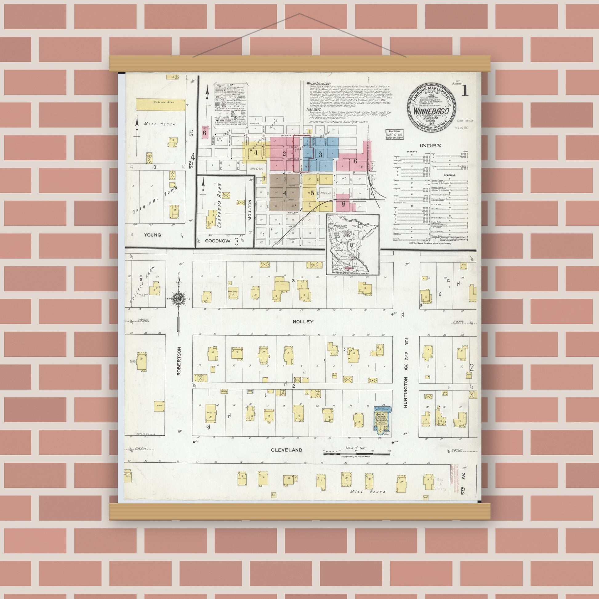 Old map wall art mockup — magnetic wood frame on brick wall — Sanborn Fire Insurance Map from Winnebago, Faribault County, Minnesota (1917) - Complete Map Set