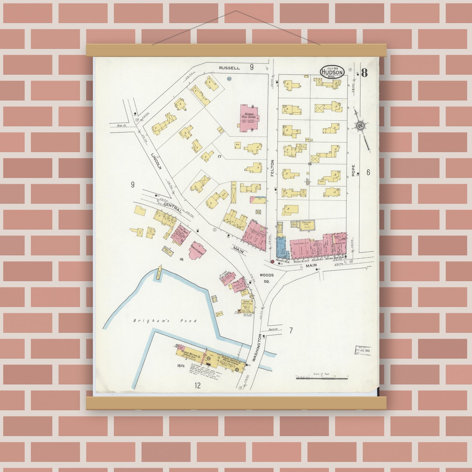 Old map wall art mockup — magnetic wood frame on brick wall — Sanborn Fire Insurance Map from Hudson, Middlesex County, Massachusetts (1916), Sheet #0008