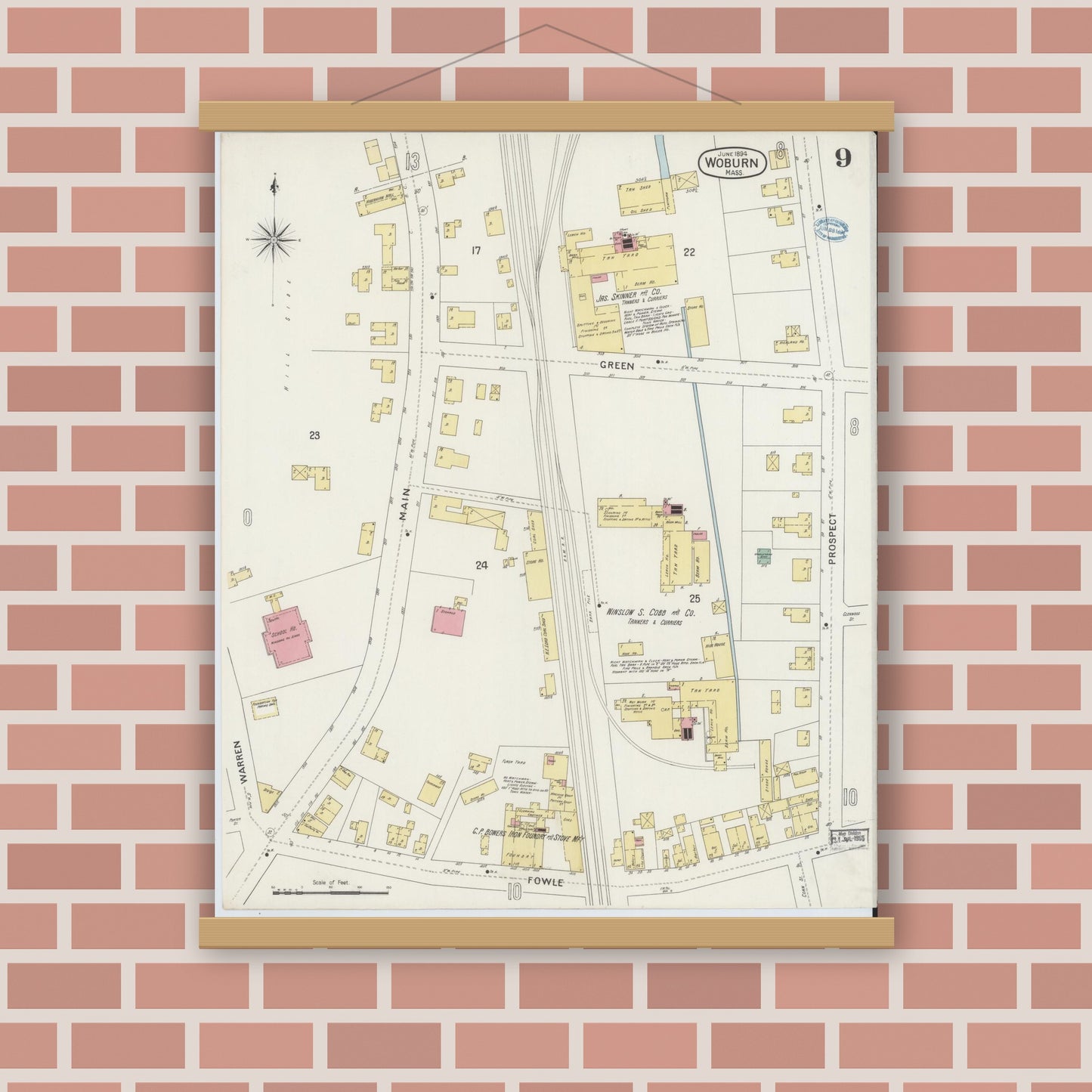 Old map wall art mockup — magnetic wood frame on brick wall — Sanborn Fire Insurance Map from Woburn, Middlesex County, Massachusetts (1894), Sheet #0009