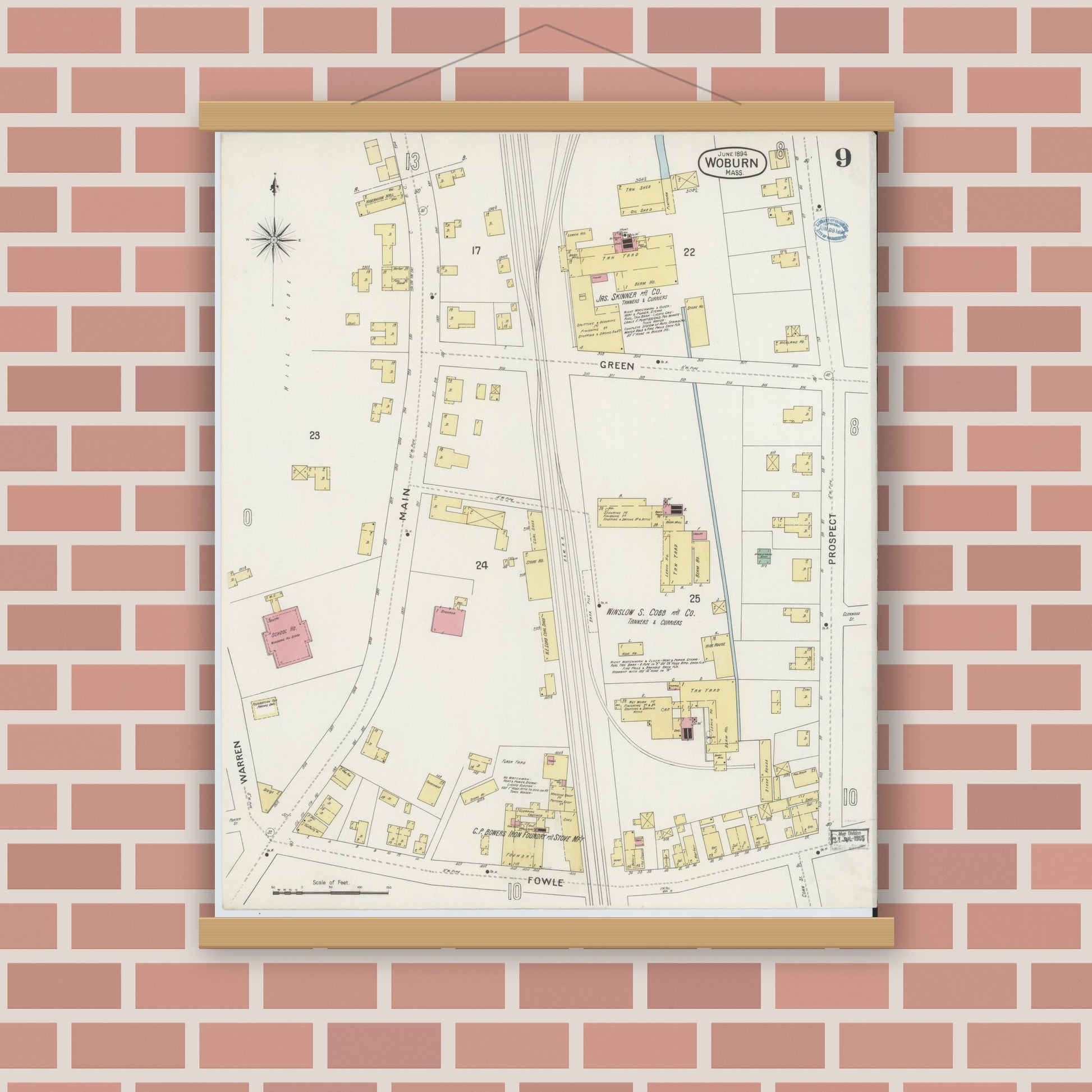 Old map wall art mockup — magnetic wood frame on brick wall — Sanborn Fire Insurance Map from Woburn, Middlesex County, Massachusetts (1894), Sheet #0009