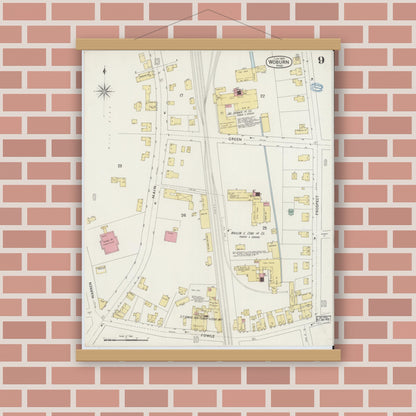 Old map wall art mockup — magnetic wood frame on brick wall — Sanborn Fire Insurance Map from Woburn, Middlesex County, Massachusetts (1894), Sheet #0009