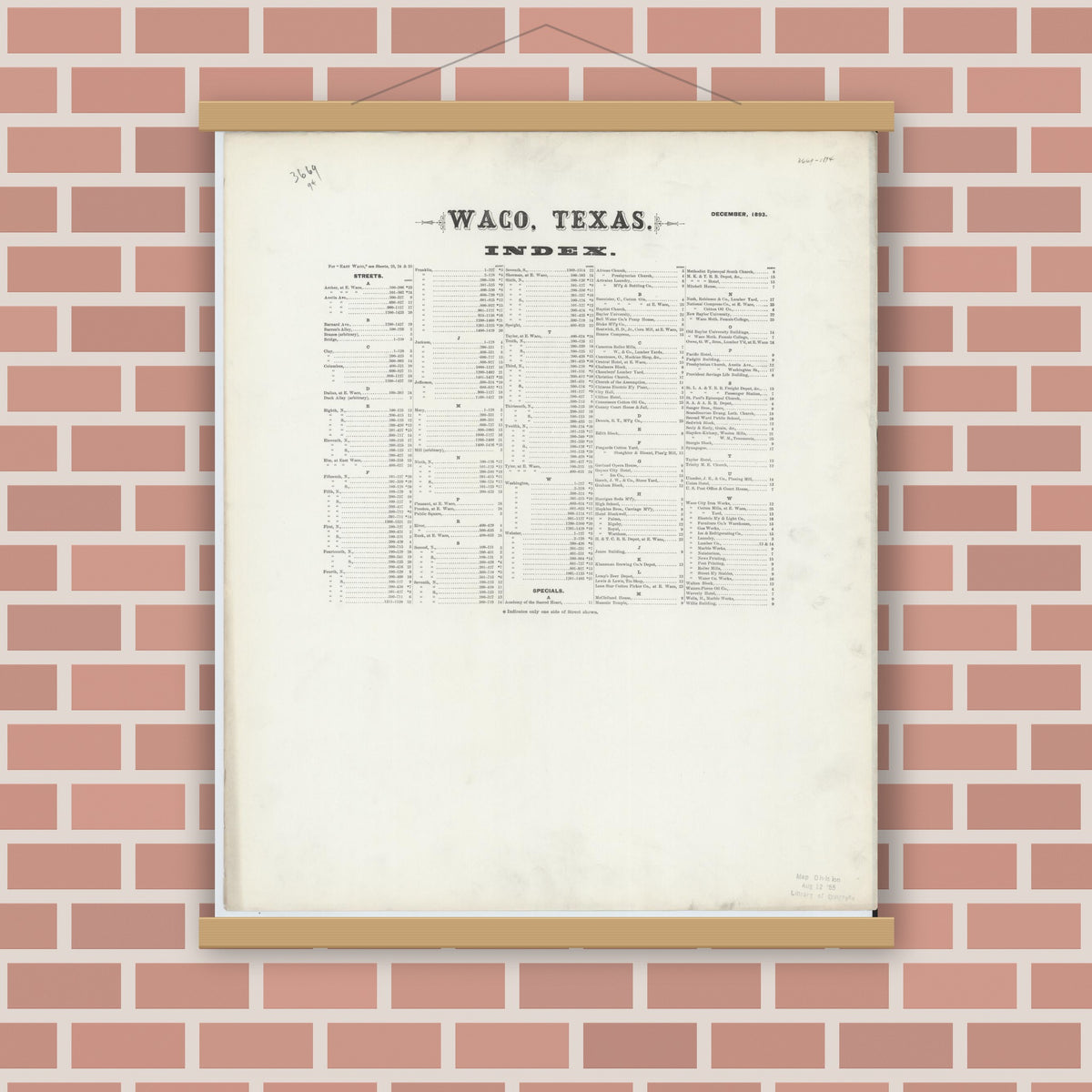 Old map wall art mockup — magnetic wood frame on brick wall — Sanborn Fire Insurance Map from Waco, McLennan County, Texas (1893), Sheet #0001