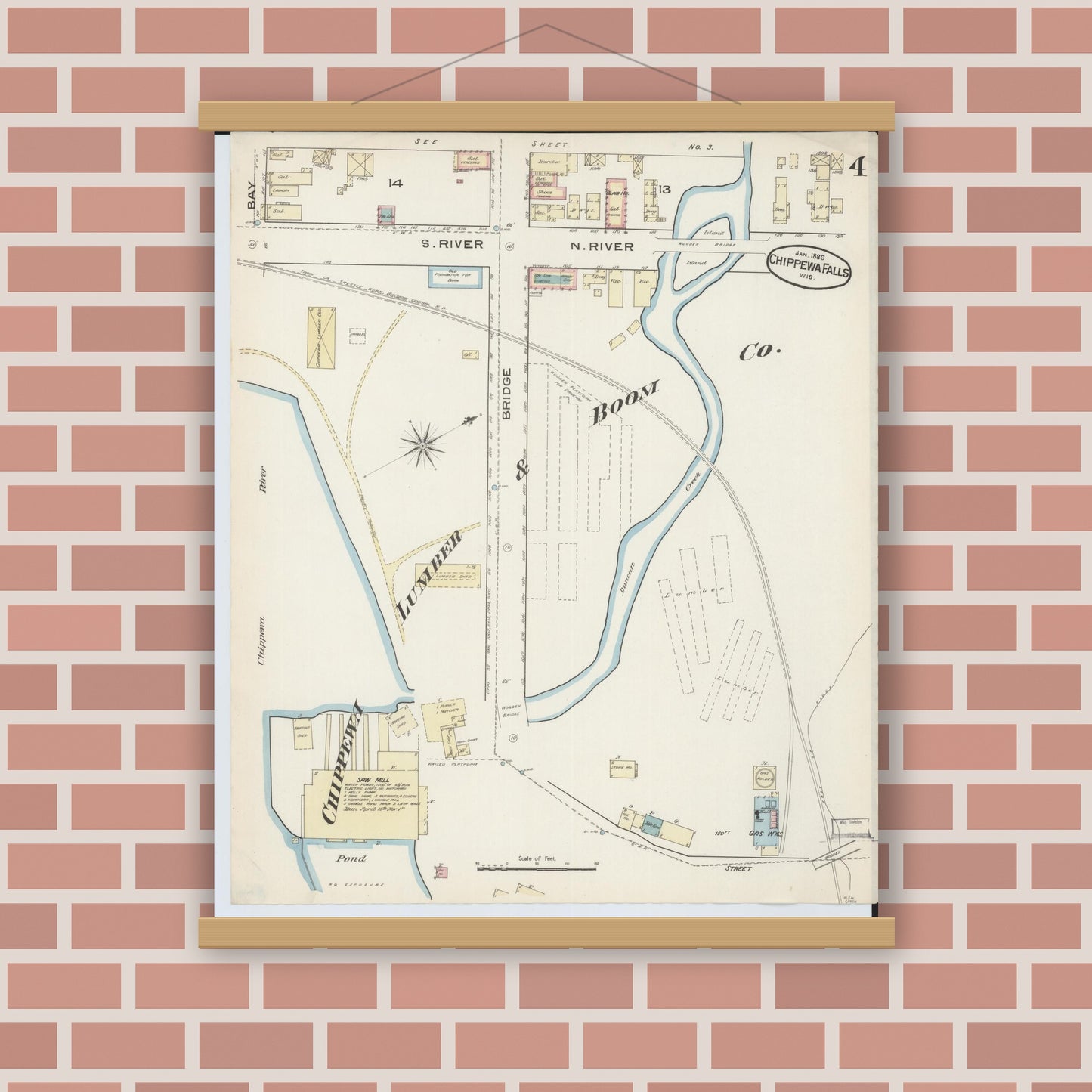 Old map wall art mockup — magnetic wood frame on brick wall — Sanborn Fire Insurance Map from Chippewa Falls, Chippewa County, Wisconsin (1886), Sheet #0004