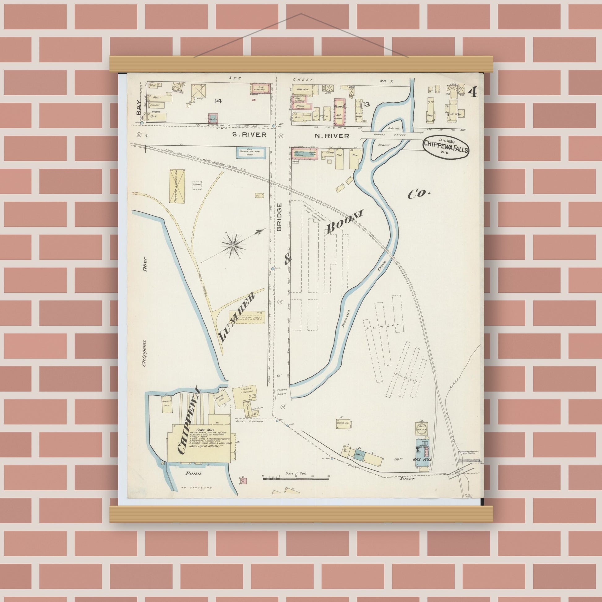 Old map wall art mockup — magnetic wood frame on brick wall — Sanborn Fire Insurance Map from Chippewa Falls, Chippewa County, Wisconsin (1886), Sheet #0004