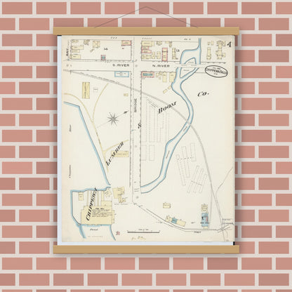 Old map wall art mockup — magnetic wood frame on brick wall — Sanborn Fire Insurance Map from Chippewa Falls, Chippewa County, Wisconsin (1886), Sheet #0004