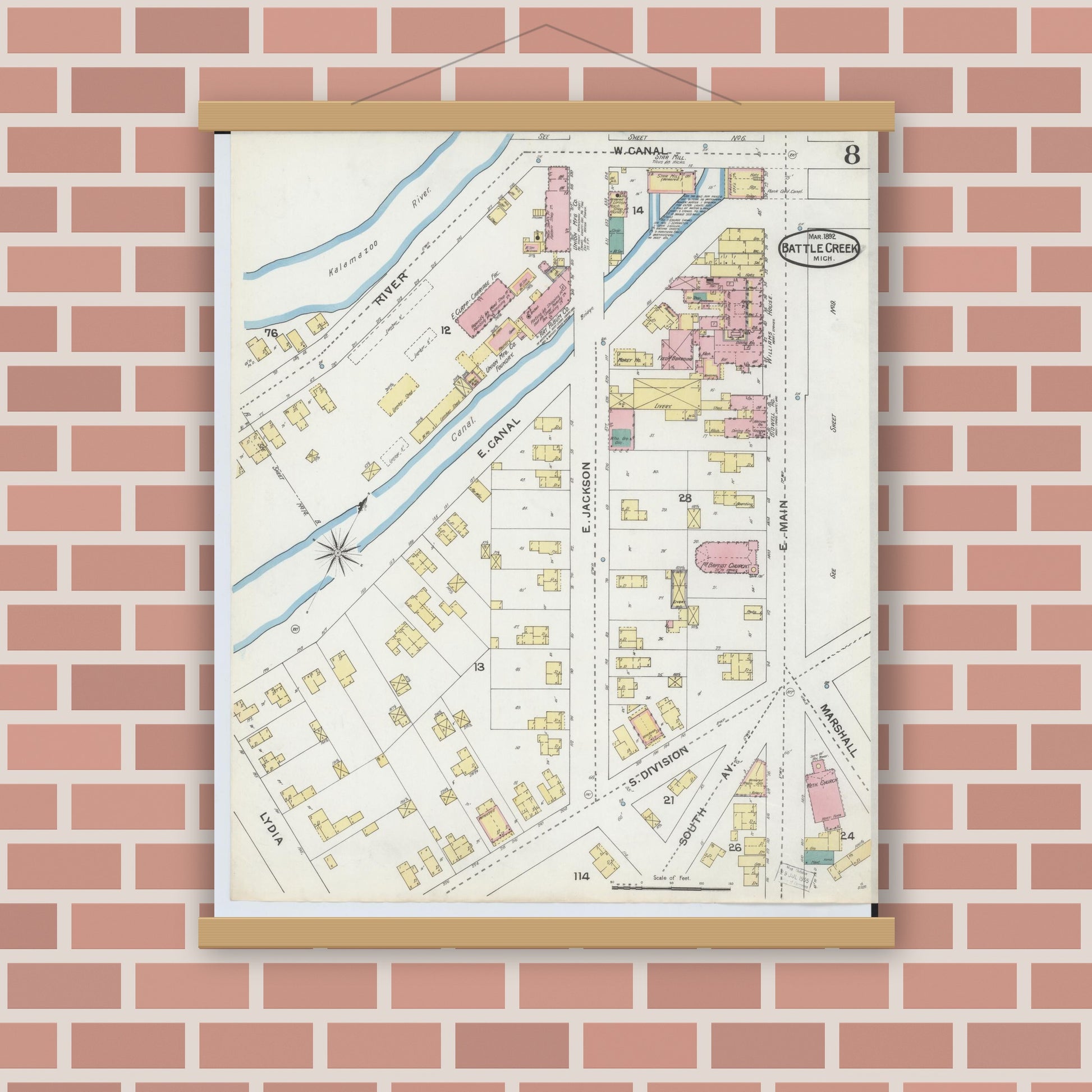 Old map wall art mockup — magnetic wood frame on brick wall — Sanborn Fire Insurance Map from Battle Creek, Calhoun County, Michigan (1892), Sheet #0008