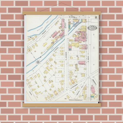 Old map wall art mockup — magnetic wood frame on brick wall — Sanborn Fire Insurance Map from Battle Creek, Calhoun County, Michigan (1892), Sheet #0008