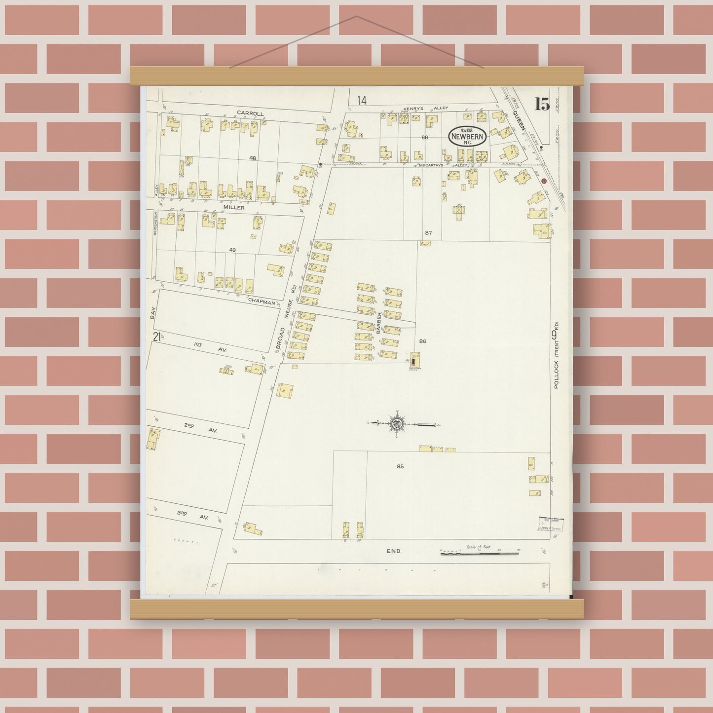 Old map wall art mockup — magnetic wood frame on brick wall — Sanborn Fire Insurance Map from New Bern, Craven County, North Carolina (1913), Sheet #0015