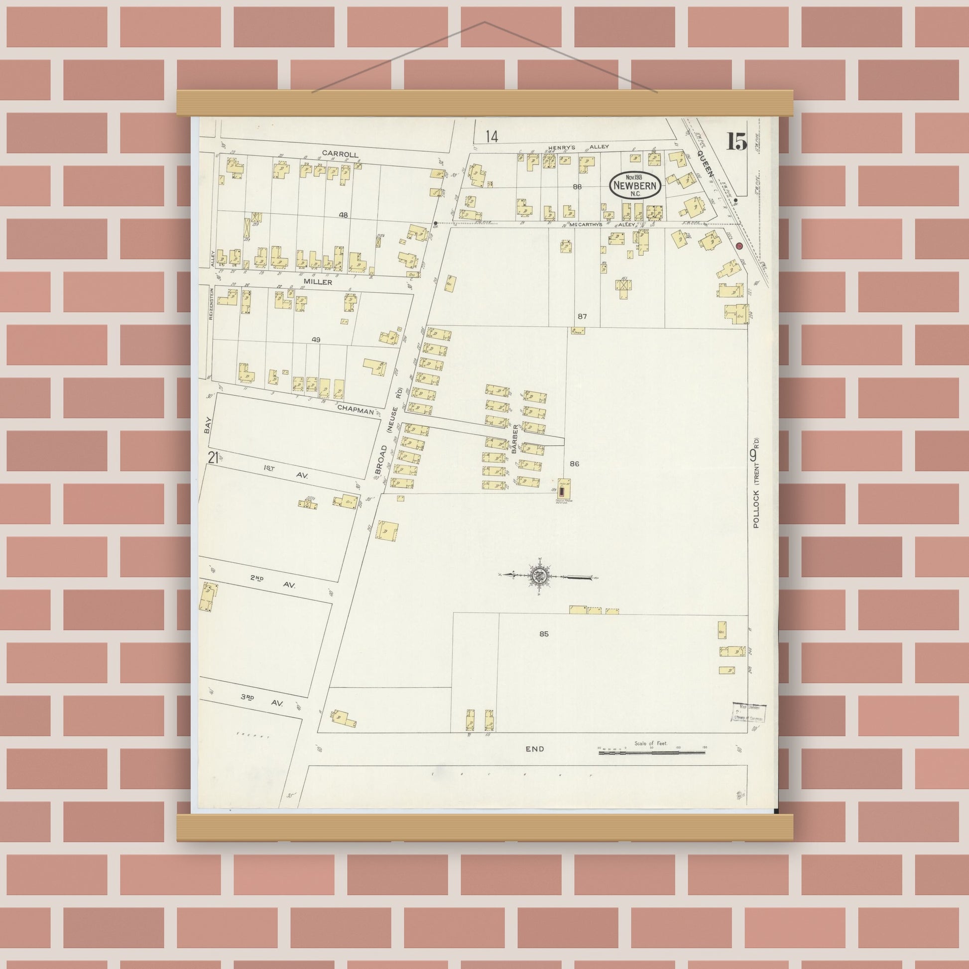 Old map wall art mockup — magnetic wood frame on brick wall — Sanborn Fire Insurance Map from New Bern, Craven County, North Carolina (1913), Sheet #0015