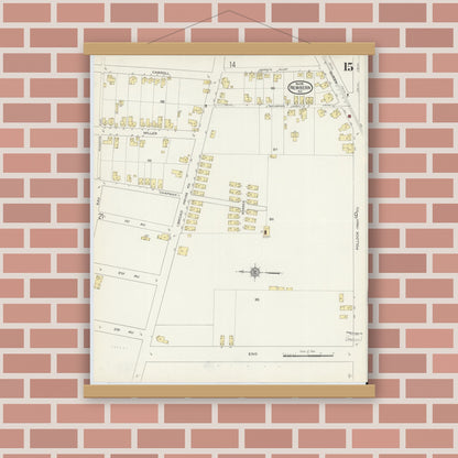 Old map wall art mockup — magnetic wood frame on brick wall — Sanborn Fire Insurance Map from New Bern, Craven County, North Carolina (1913), Sheet #0015