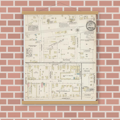 Old map wall art mockup — magnetic wood frame on brick wall — Sanborn Fire Insurance Map from Gainesville, Cooke County, Texas (1885), Sheet #0001