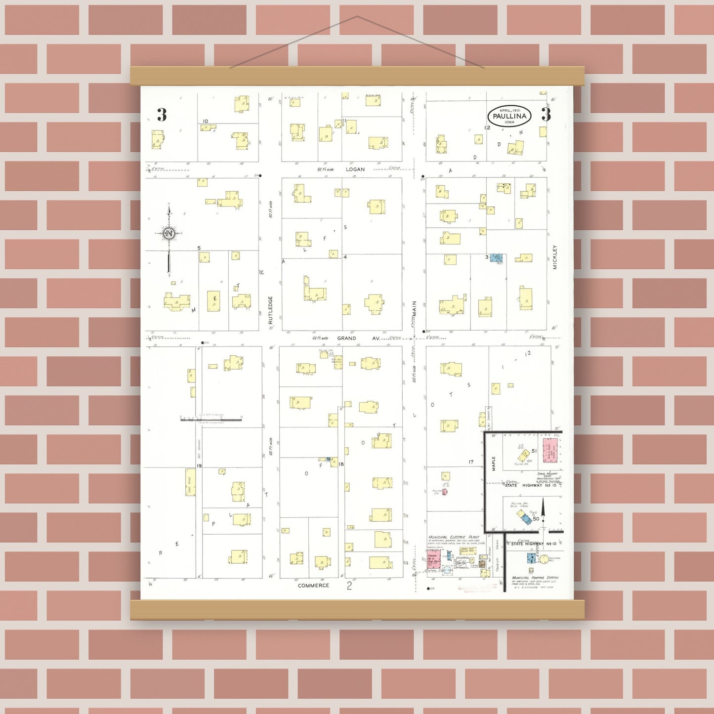 Old map wall art mockup — magnetic wood frame on brick wall — Sanborn Fire Insurance Map from Paullina, O'Brien County, Iowa (1931), Sheet #0003