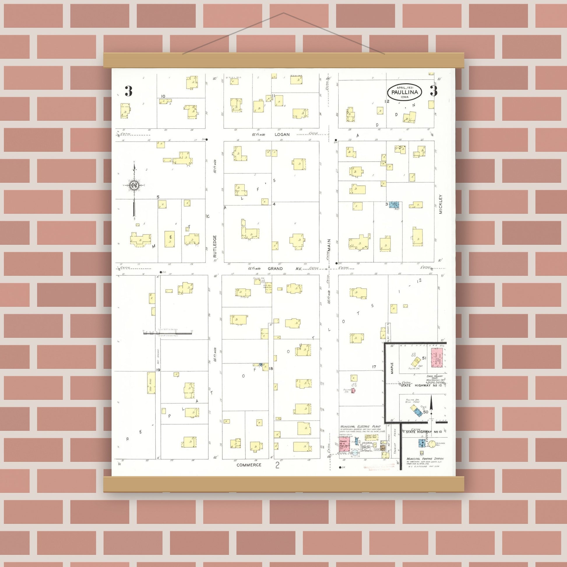 Old map wall art mockup — magnetic wood frame on brick wall — Sanborn Fire Insurance Map from Paullina, O'Brien County, Iowa (1931), Sheet #0003