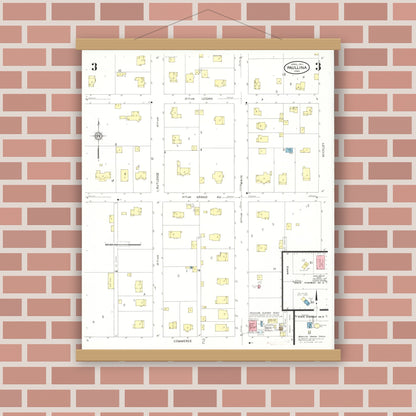Old map wall art mockup — magnetic wood frame on brick wall — Sanborn Fire Insurance Map from Paullina, O'Brien County, Iowa (1931), Sheet #0003