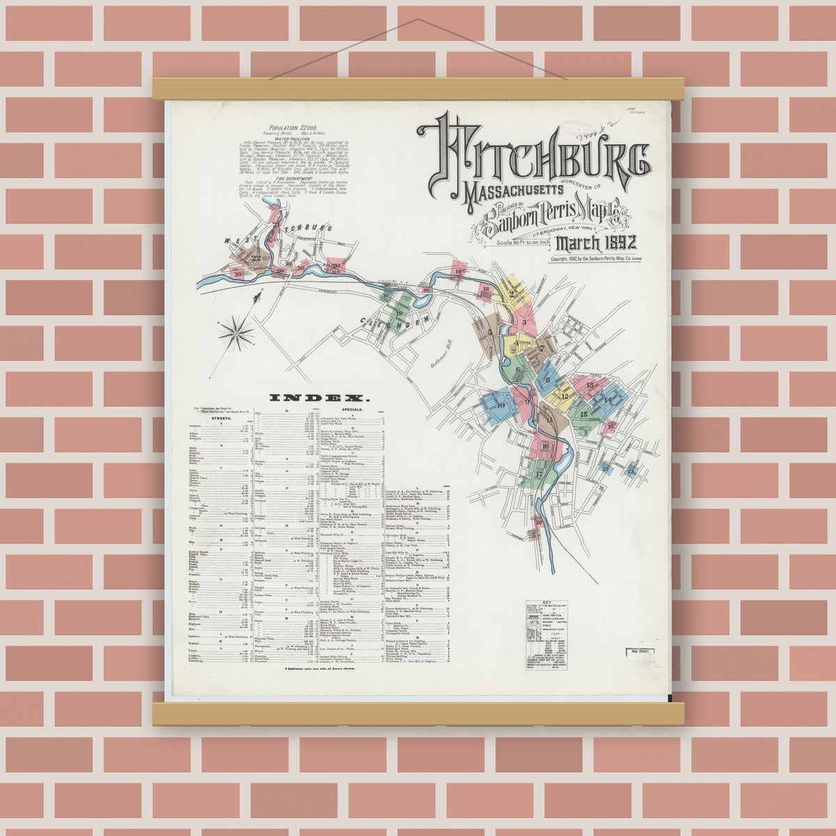 Old map wall art mockup — magnetic wood frame on brick wall — Sanborn Fire Insurance Map from Fitchburg, Worcester County, Massachusetts (1892) - Complete Map Set