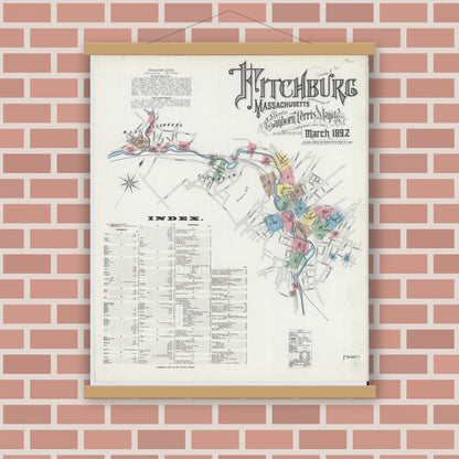 Old map wall art mockup — magnetic wood frame on brick wall — Sanborn Fire Insurance Map from Fitchburg, Worcester County, Massachusetts (1892) - Complete Map Set