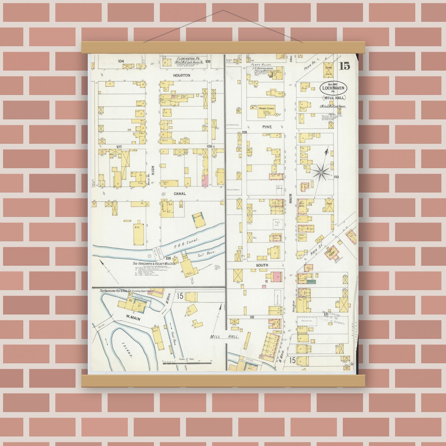 Old map wall art mockup — magnetic wood frame on brick wall — Sanborn Fire Insurance Map from Lock Haven, Clinton County, Pennsylvania (1901), Sheet #0015