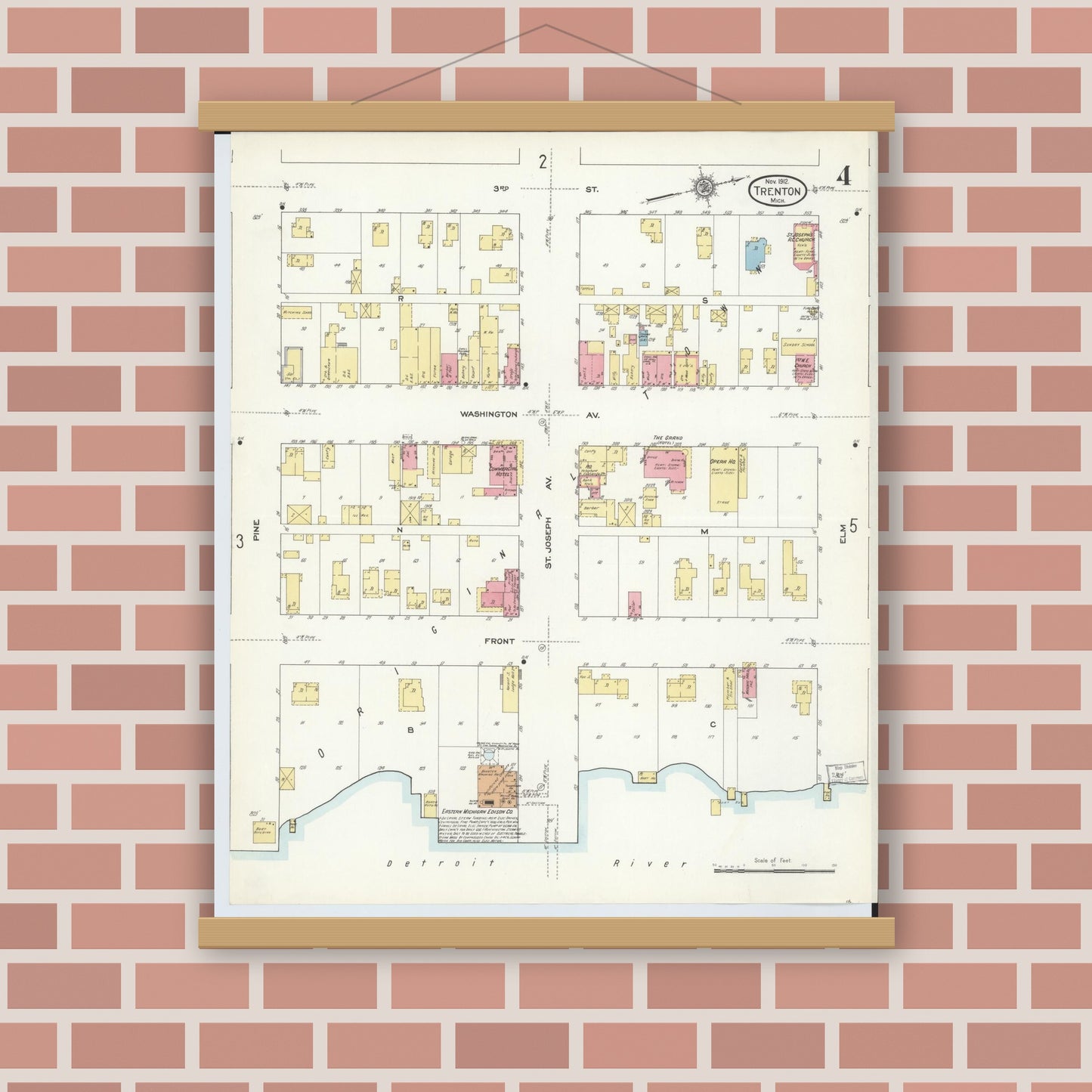 Old map wall art mockup — magnetic wood frame on brick wall — Sanborn Fire Insurance Map from Trenton, Wayne County, Michigan (1912), Sheet #0004