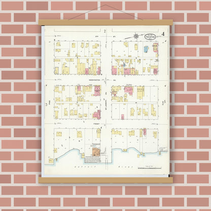 Old map wall art mockup — magnetic wood frame on brick wall — Sanborn Fire Insurance Map from Trenton, Wayne County, Michigan (1912), Sheet #0004