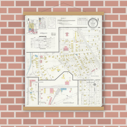 Old map wall art mockup — magnetic wood frame on brick wall — Sanborn Fire Insurance Map from Utica, Licking County, Ohio (1936), Sheet #0001