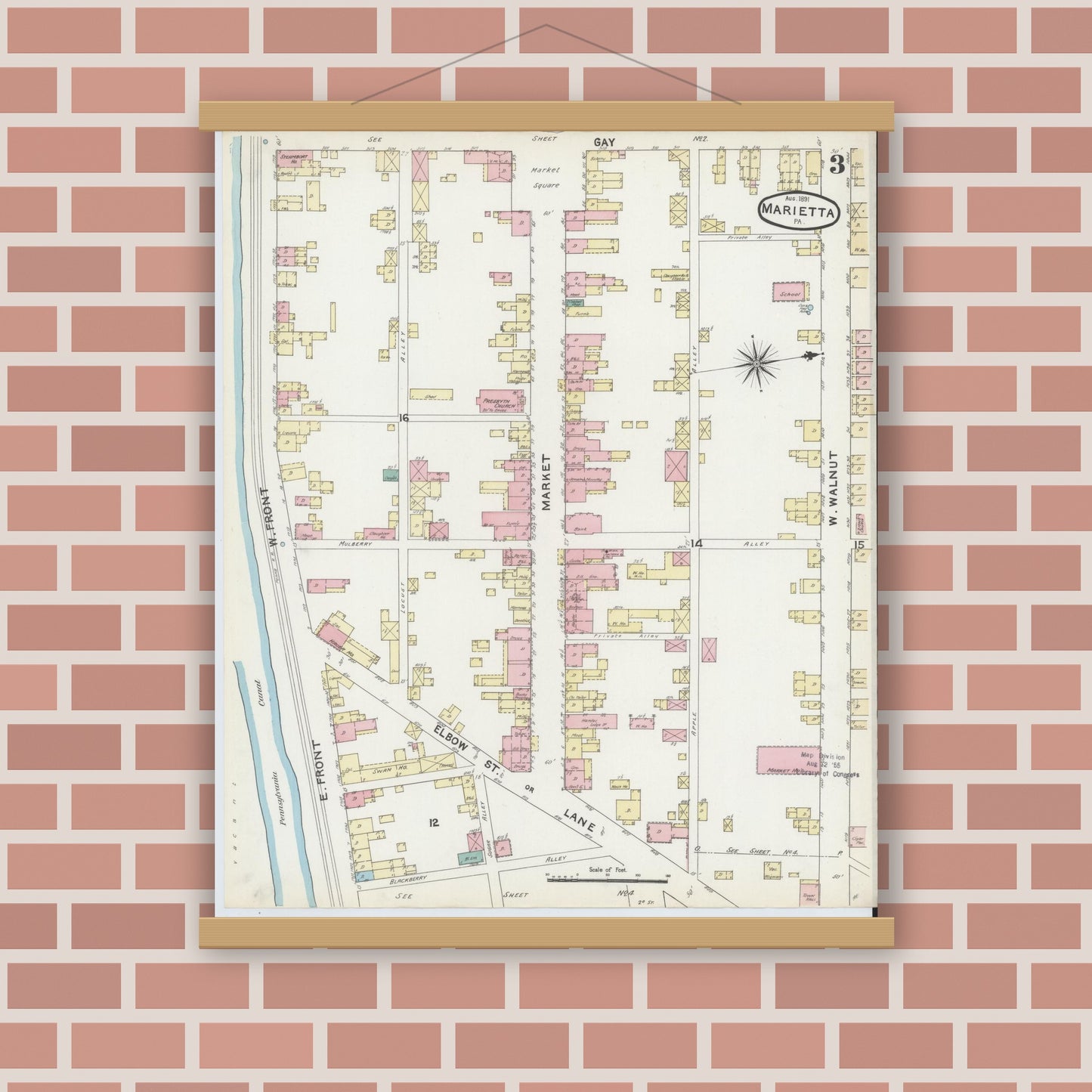 Old map wall art mockup — magnetic wood frame on brick wall — Sanborn Fire Insurance Map from Marietta, Lancaster County, Pennsylvania (1891), Sheet #0003
