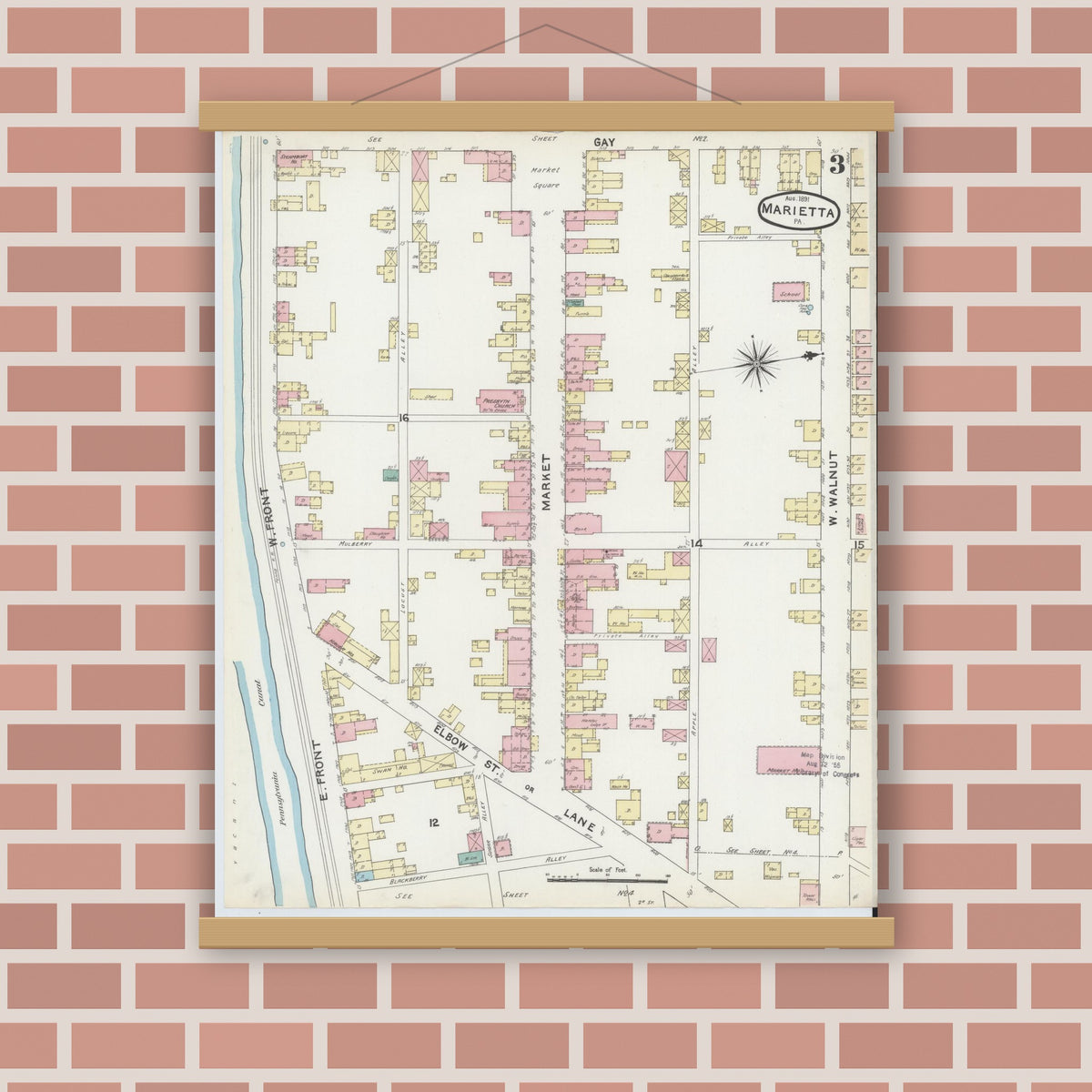 Old map wall art mockup — magnetic wood frame on brick wall — Sanborn Fire Insurance Map from Marietta, Lancaster County, Pennsylvania (1891), Sheet #0003