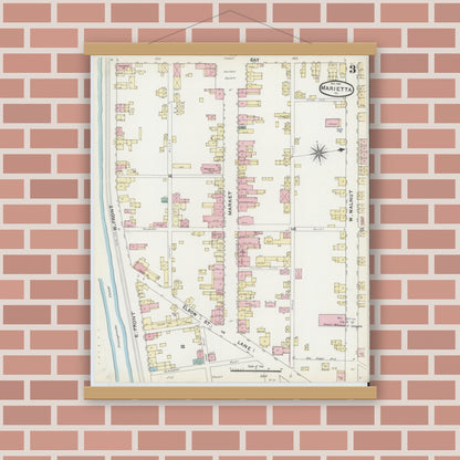 Old map wall art mockup — magnetic wood frame on brick wall — Sanborn Fire Insurance Map from Marietta, Lancaster County, Pennsylvania (1891), Sheet #0003