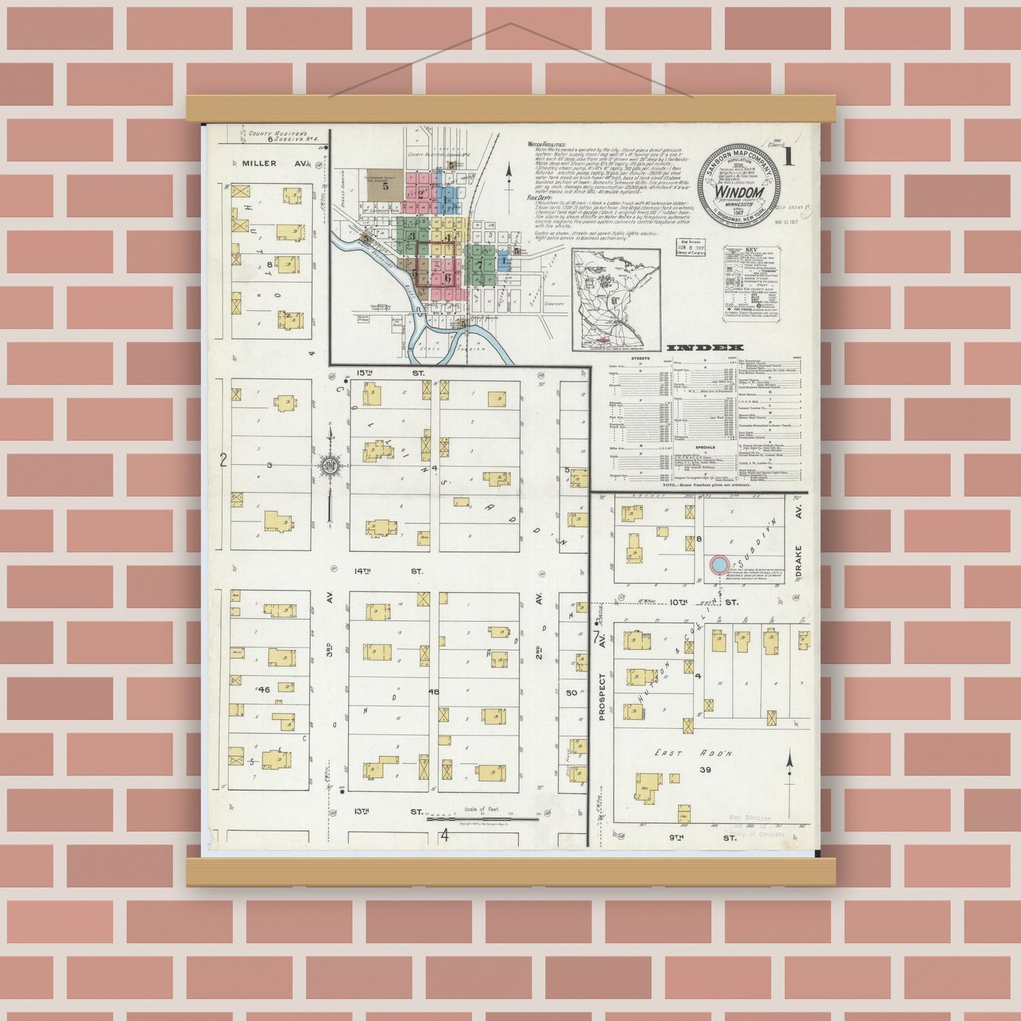 Old map wall art mockup — magnetic wood frame on brick wall — Sanborn Fire Insurance Map from Windom, Cottonwood County, Minnesota (1917) - Complete Map Set