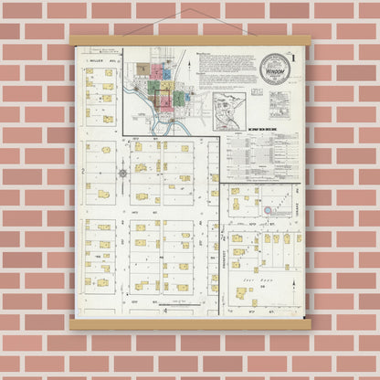 Old map wall art mockup — magnetic wood frame on brick wall — Sanborn Fire Insurance Map from Windom, Cottonwood County, Minnesota (1917) - Complete Map Set