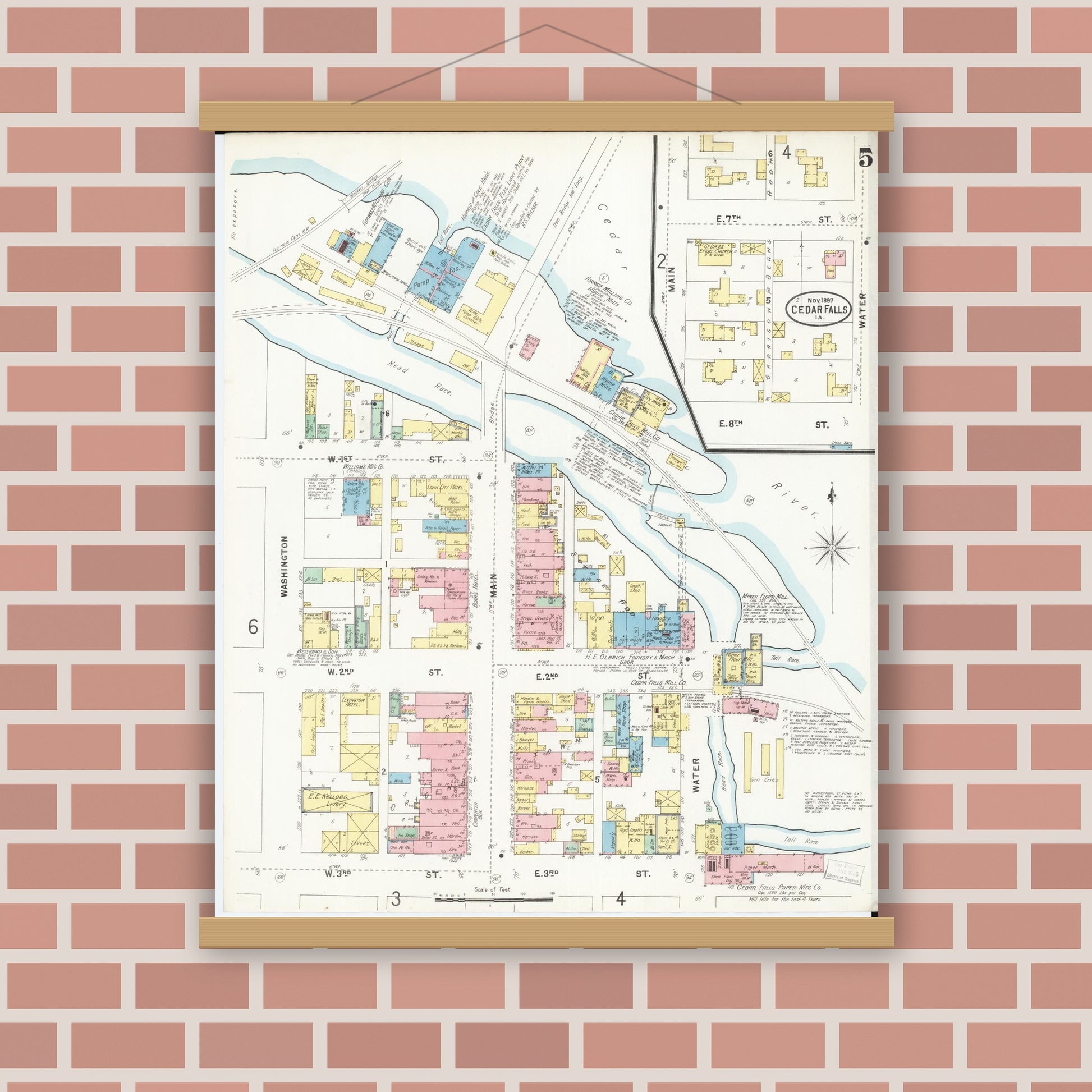 Old map wall art mockup — magnetic wood frame on brick wall — Sanborn Fire Insurance Map from Cedar Falls, Black Hawk County, Iowa (1897), Sheet #0005
