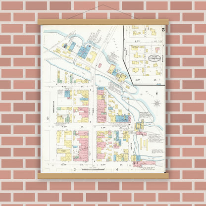 Old map wall art mockup — magnetic wood frame on brick wall — Sanborn Fire Insurance Map from Cedar Falls, Black Hawk County, Iowa (1897), Sheet #0005