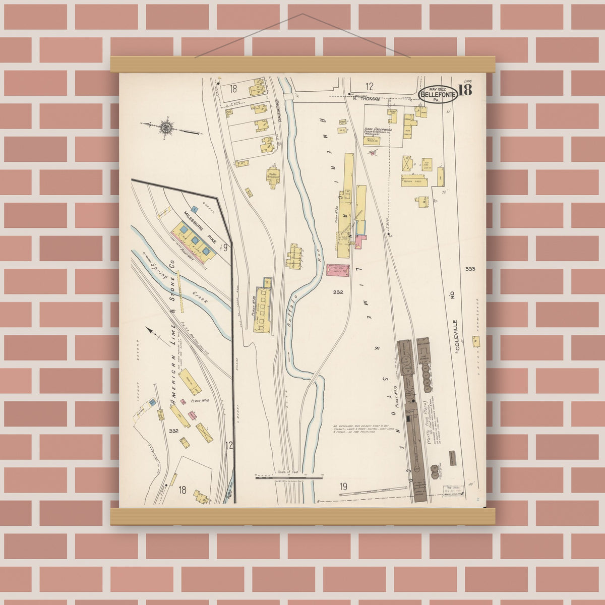 Old map wall art mockup — magnetic wood frame on brick wall — Sanborn Fire Insurance Map from Bellefonte, Centre County, Pennsylvania (1922), Sheet #0018