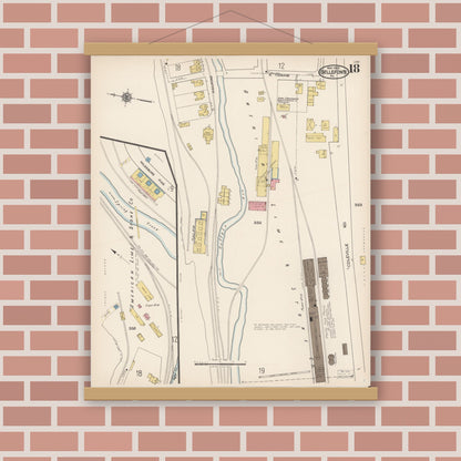 Old map wall art mockup — magnetic wood frame on brick wall — Sanborn Fire Insurance Map from Bellefonte, Centre County, Pennsylvania (1922), Sheet #0018