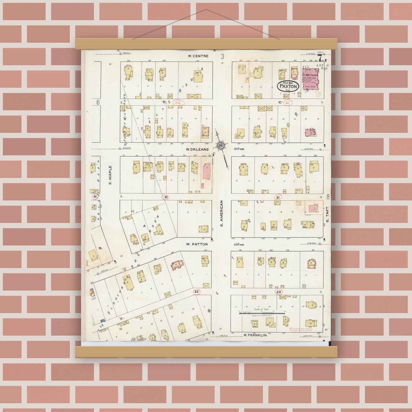 Old map wall art mockup — magnetic wood frame on brick wall — Sanborn Fire Insurance Map from Paxton, Ford County, Illinois (1932), Sheet #0007