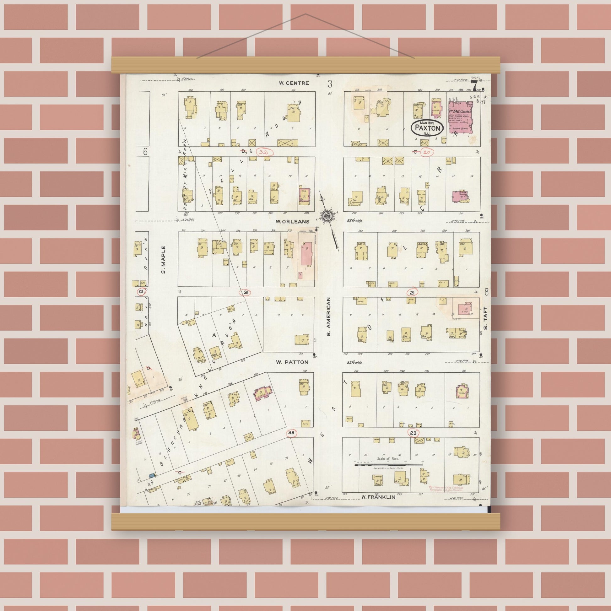 Old map wall art mockup — magnetic wood frame on brick wall — Sanborn Fire Insurance Map from Paxton, Ford County, Illinois (1932), Sheet #0007