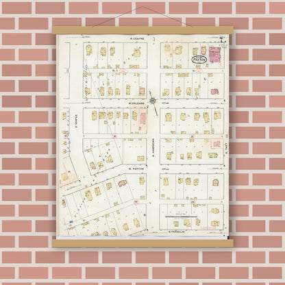 Old map wall art mockup — magnetic wood frame on brick wall — Sanborn Fire Insurance Map from Paxton, Ford County, Illinois (1932), Sheet #0007