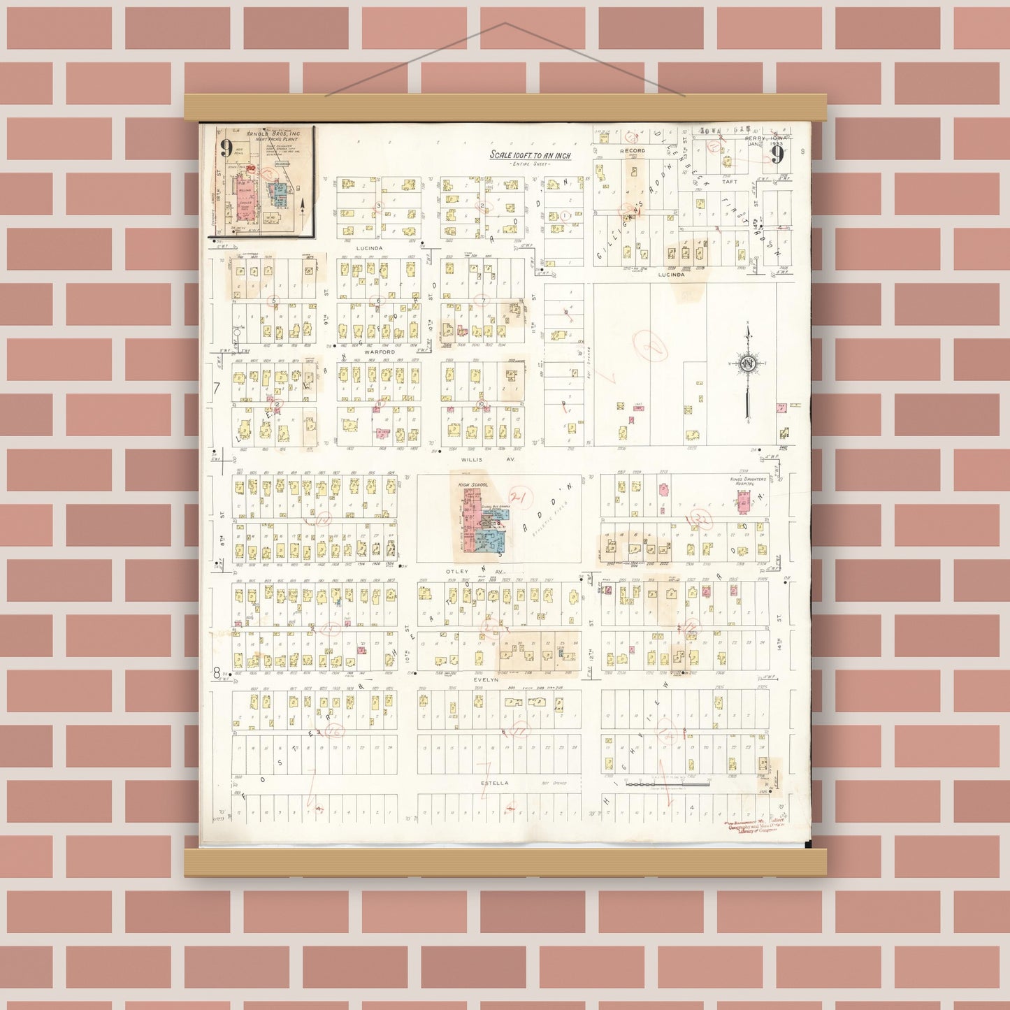Old map wall art mockup — magnetic wood frame on brick wall — Sanborn Fire Insurance Map from Perry, Dallas County, Iowa (1947), Sheet #0009