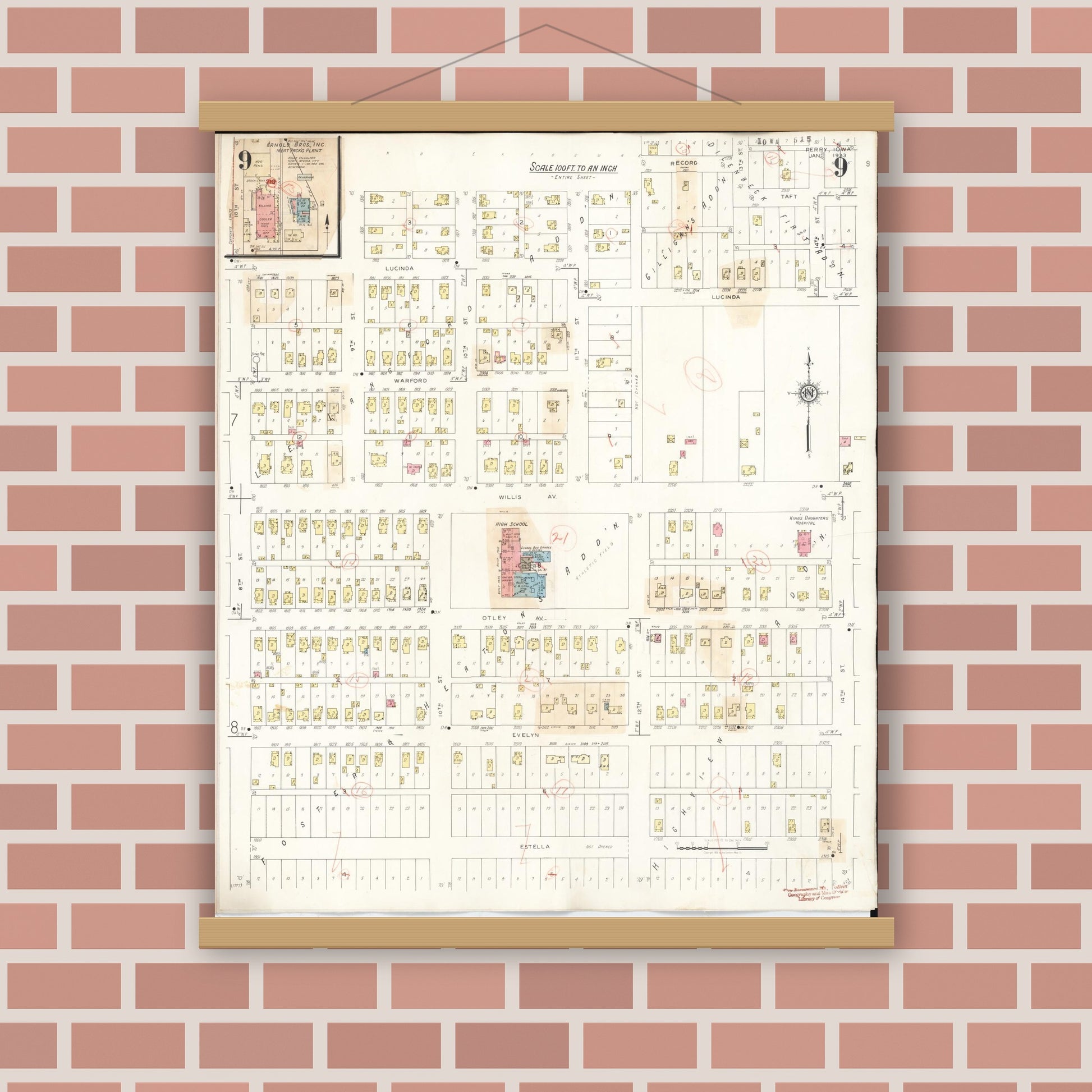 Old map wall art mockup — magnetic wood frame on brick wall — Sanborn Fire Insurance Map from Perry, Dallas County, Iowa (1947), Sheet #0009
