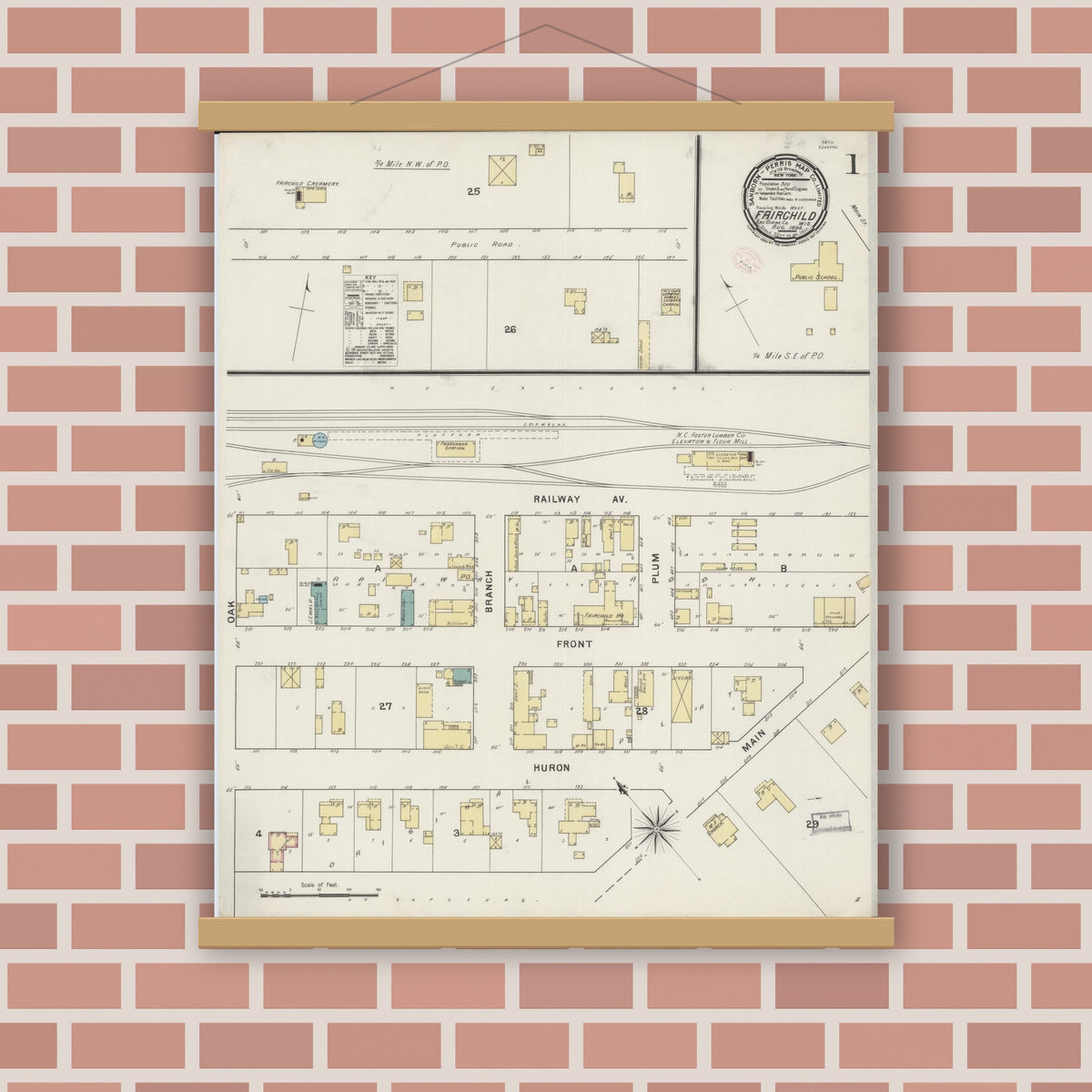 Old map wall art mockup — magnetic wood frame on brick wall — Sanborn Fire Insurance Map from Fairchild, Eau Claire County, Wisconsin (1894), Sheet #0001