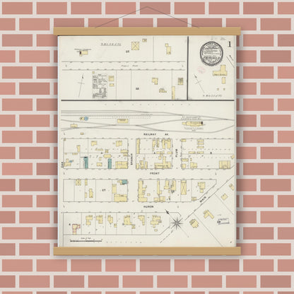 Old map wall art mockup — magnetic wood frame on brick wall — Sanborn Fire Insurance Map from Fairchild, Eau Claire County, Wisconsin (1894), Sheet #0001
