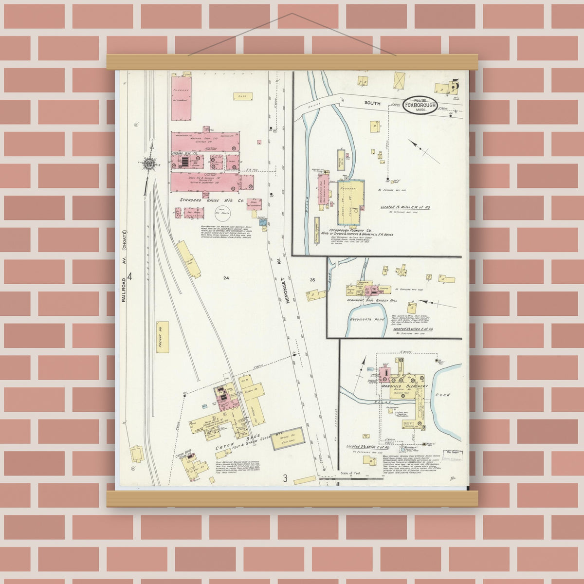 Old map wall art mockup — magnetic wood frame on brick wall — Sanborn Fire Insurance Map from Foxboro, Norfolk County, Massachusetts (1911), Sheet #0005