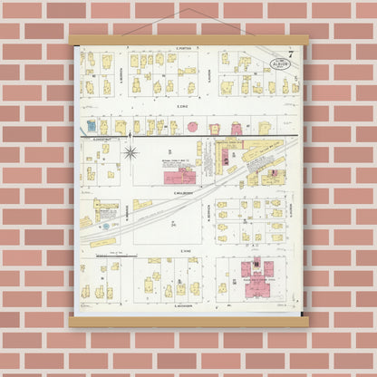 Old map wall art mockup — magnetic wood frame on brick wall — Sanborn Fire Insurance Map from Albion, Calhoun County, Michigan (1907), Sheet #0007