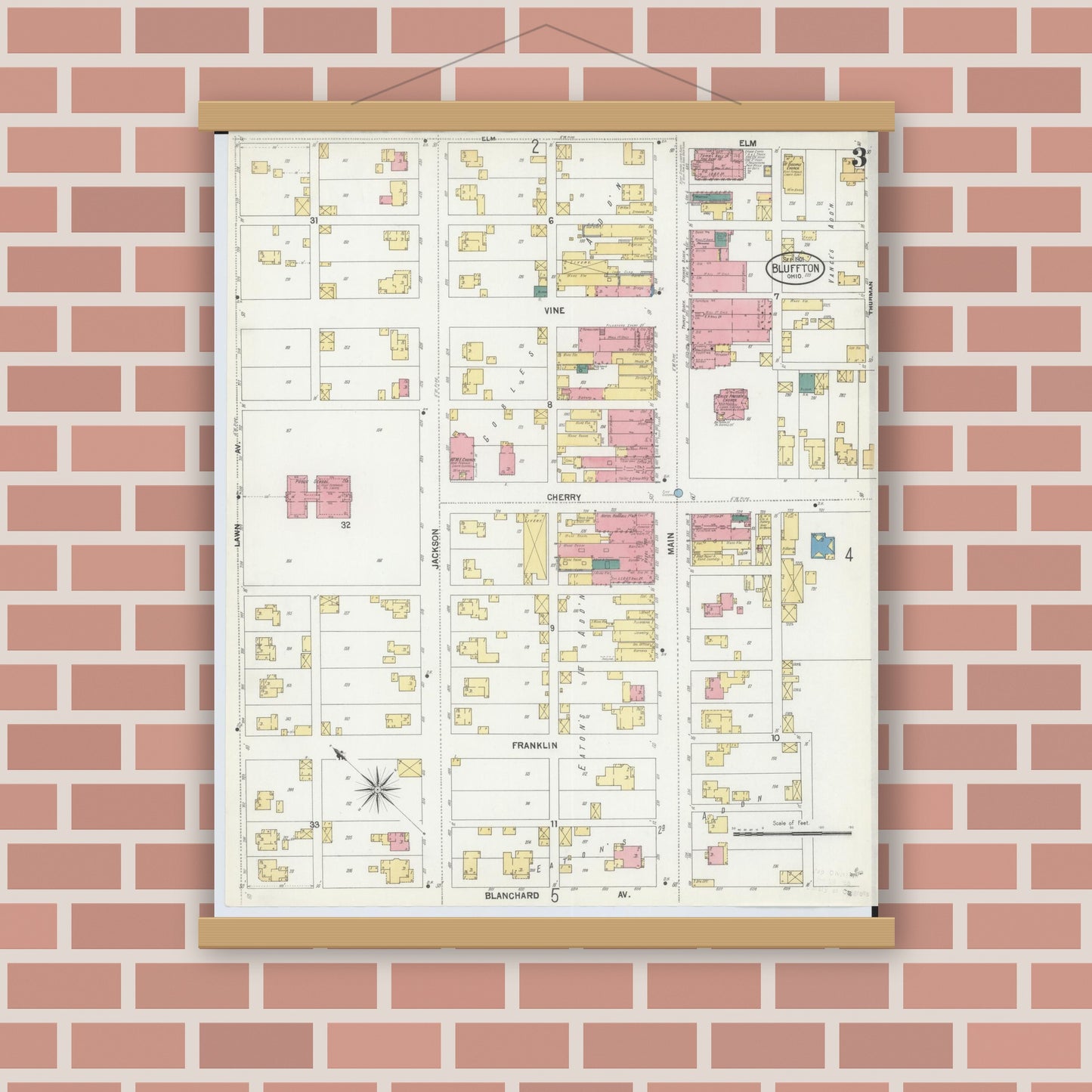 Old map wall art mockup — magnetic wood frame on brick wall — Sanborn Fire Insurance Map from Bluffton, Allen County, Ohio (1901), Sheet #0003