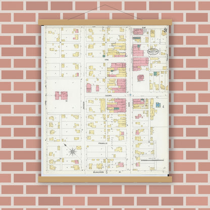 Old map wall art mockup — magnetic wood frame on brick wall — Sanborn Fire Insurance Map from Bluffton, Allen County, Ohio (1901), Sheet #0003