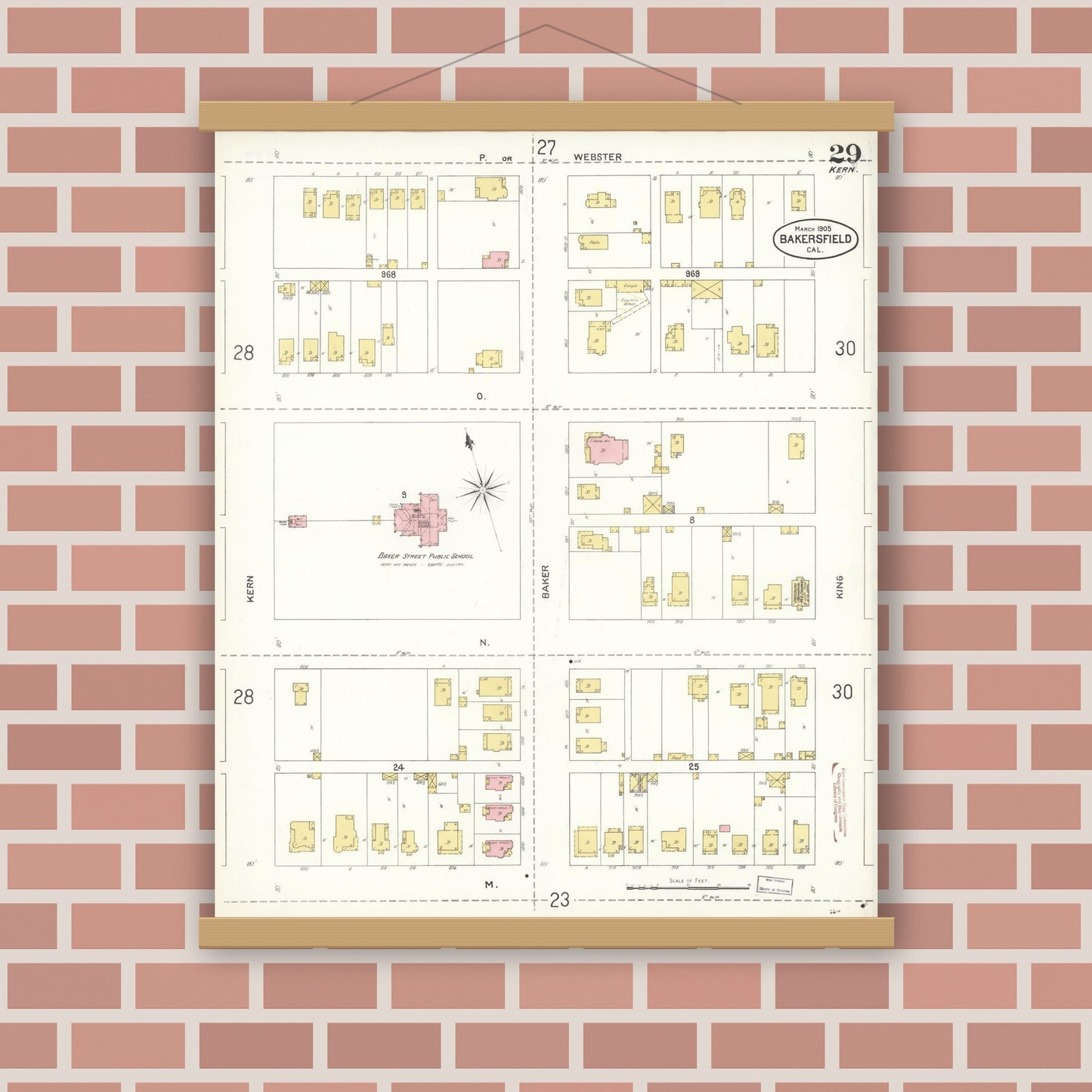 Old map wall art mockup — magnetic wood frame on brick wall — Sanborn Fire Insurance Map from Bakersfield, Kern County, California (1905), Sheet #0029