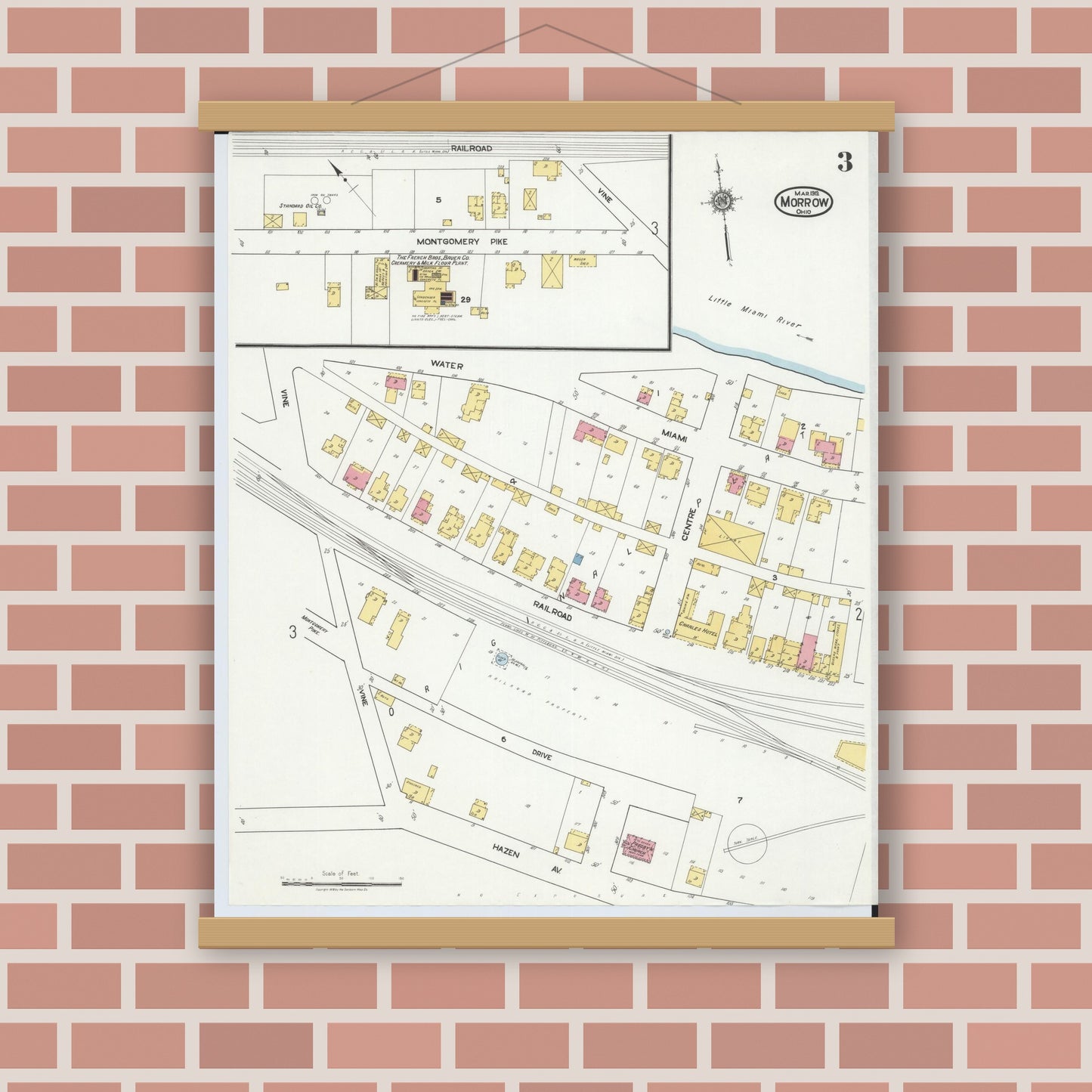 Old map wall art mockup — magnetic wood frame on brick wall — Sanborn Fire Insurance Map from Morrow, Warren County, Ohio (1919), Sheet #0003