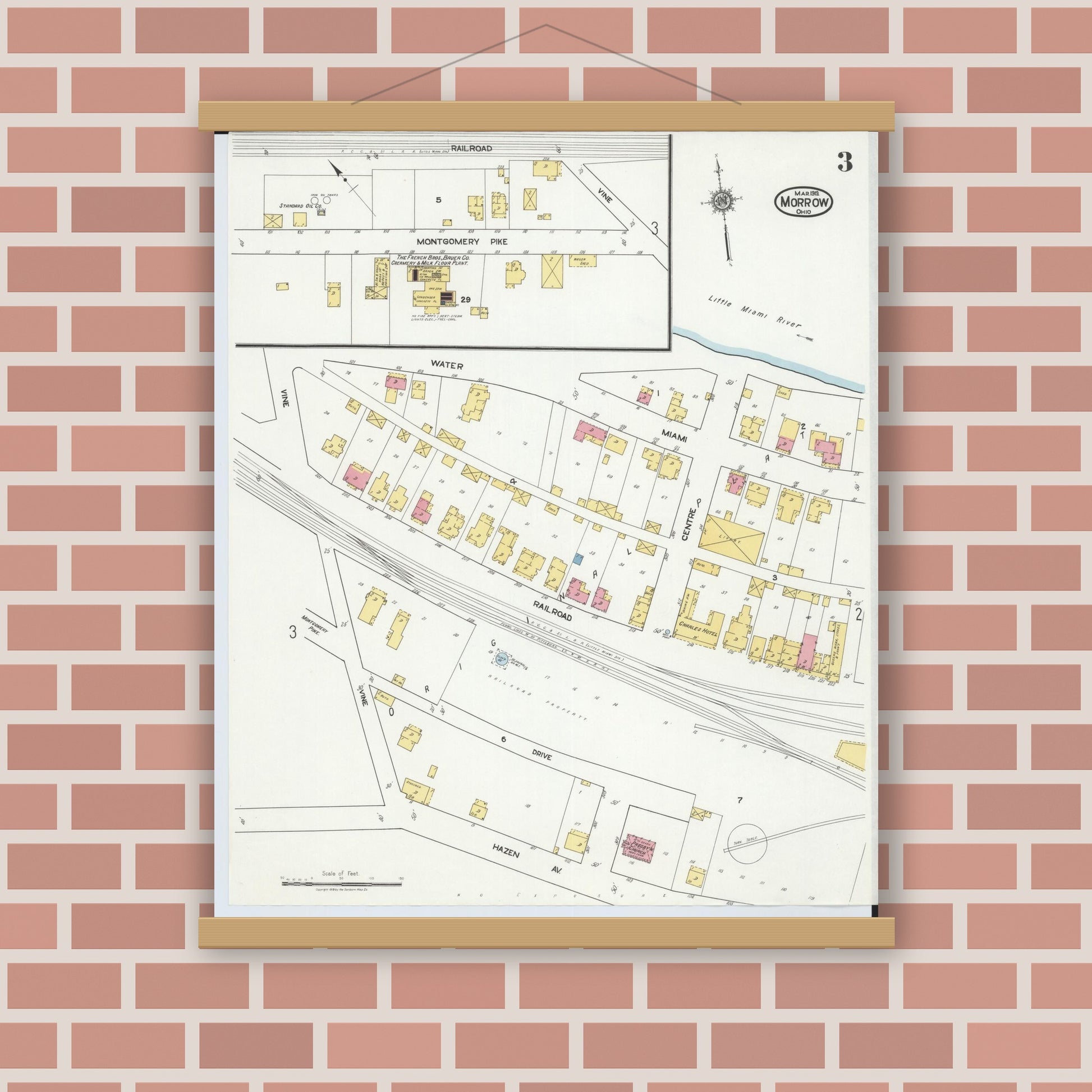 Old map wall art mockup — magnetic wood frame on brick wall — Sanborn Fire Insurance Map from Morrow, Warren County, Ohio (1919), Sheet #0003