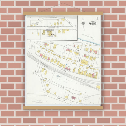 Old map wall art mockup — magnetic wood frame on brick wall — Sanborn Fire Insurance Map from Morrow, Warren County, Ohio (1919), Sheet #0003