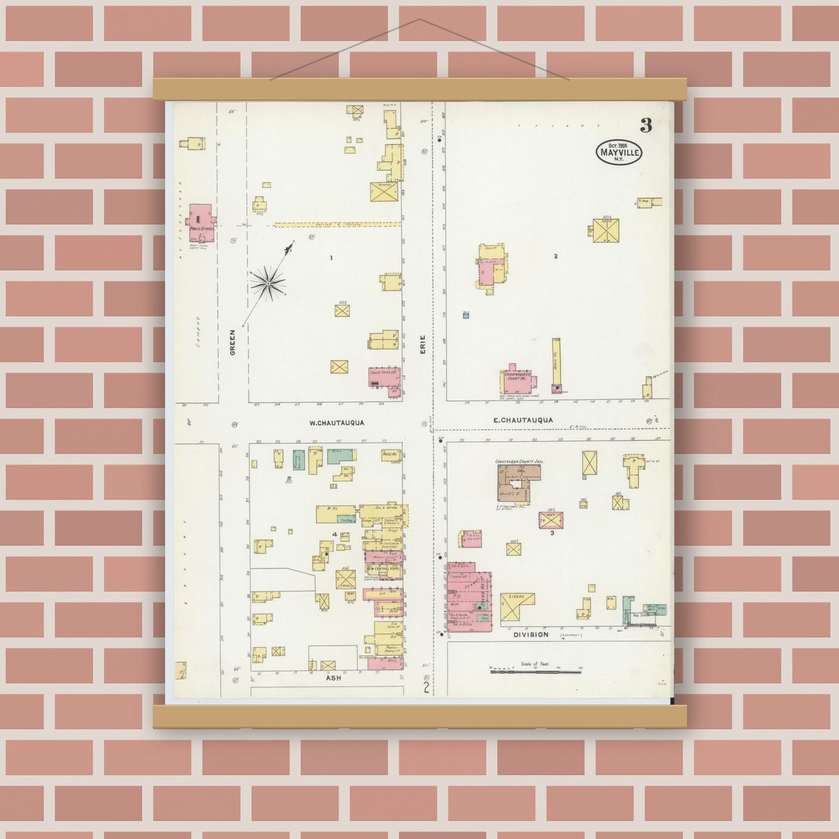 Old map wall art mockup — magnetic wood frame on brick wall — Sanborn Fire Insurance Map from Mayville, Chautauqua County, New York (1905), Sheet #0003